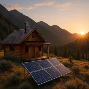 Off grid cabin in Idaho mountains with solar panels at sunrise.