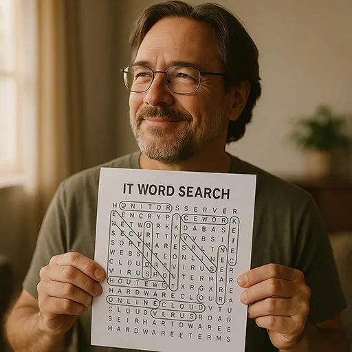 10. My Lessons Learned From the “Impossible” IT Word Search Person holding solved IT word search puzzle with tech terms highlighted.