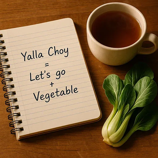 Notebook explaining Yalla Choy phrase with bok choy and tea.