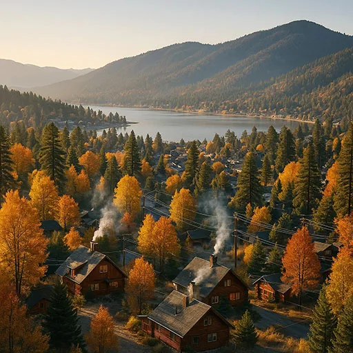 Aerial view of Big Bear town with cabins and autumn forest.