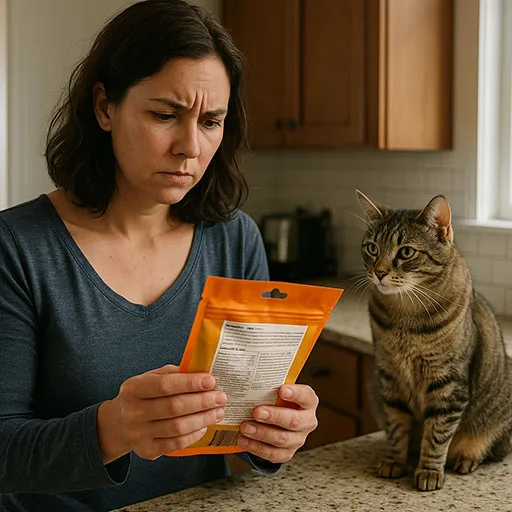 Cat owner checking ingredients on store-bought cat treats package while cat watches.