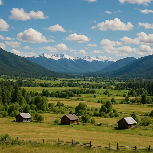 Remote Idaho valley showing cabins, farmland, and snow-capped mountains.