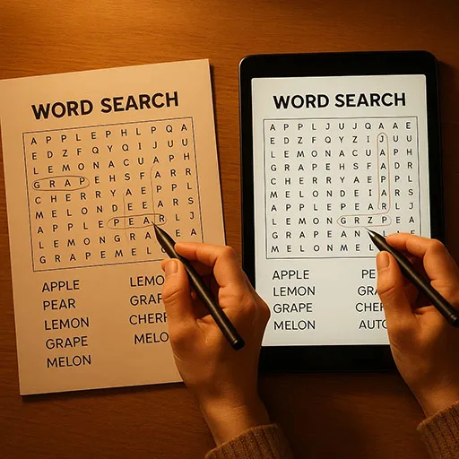 2. Why Word Searches Still Matter in the AI Era Word search puzzle on paper and tablet showing classic and AI era contrast.