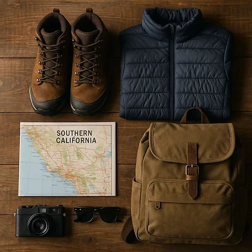 Flat lay of mountain trip packing items on wooden table.