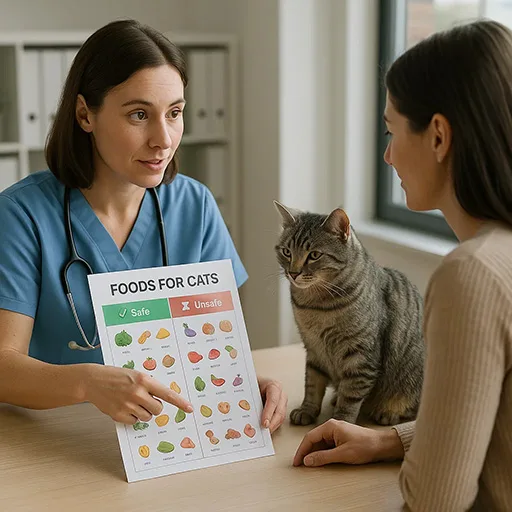 Vet explaining safe and unsafe foods for cats to a pet owner.