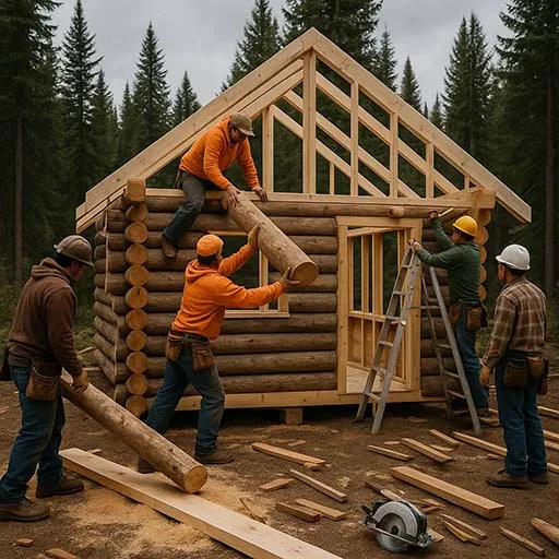 Wooden off grid home under construction in Idaho forest.