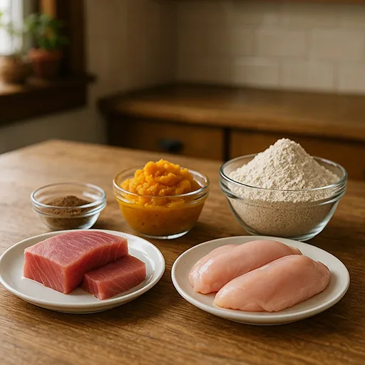 Fresh ingredients for homemade cat treats including tuna, chicken, and pumpkin.