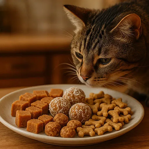 Different types of homemade cat treats displayed on a plate with curious cat.