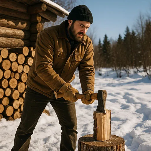 Man chopping firewood outside an off grid Idaho cabin in winter.