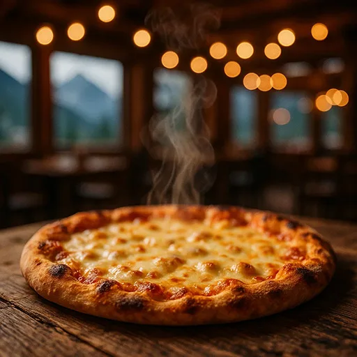 Freshly baked pizza served in a cozy Big Bear café with warm lights.