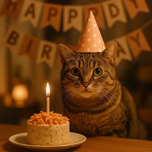 Cat birthday celebration with a homemade cat-safe cake.