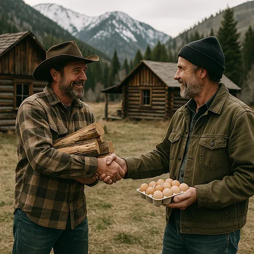 Idaho off grid neighbors trading goods in front of cabins.