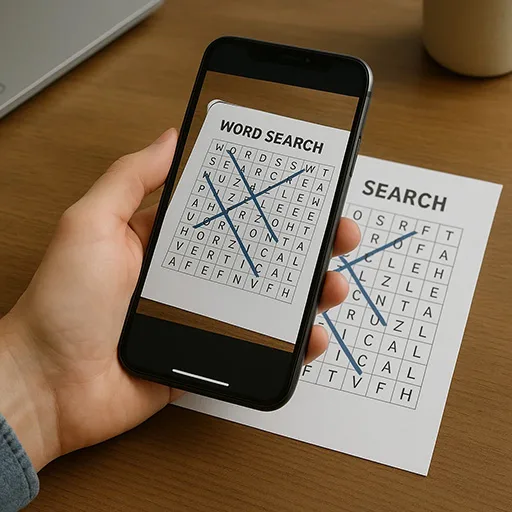 6. Tech Meets Tradition — Using Tools Without Cheating Word search solver app scanning puzzle alongside paper grid.