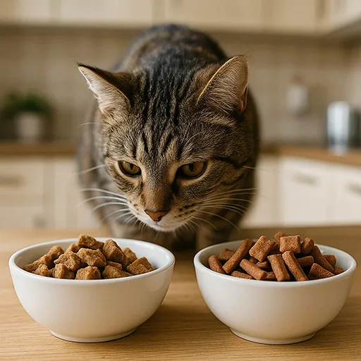 Homemade vs store-bought cat treats comparison with cat sniffing both.