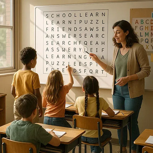 7. Teaching Word Search Strategies to Kids and Classrooms Kids in classroom solving word search puzzle with teacher’s help.