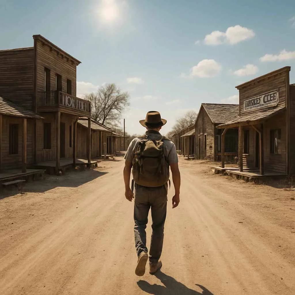 Traveler walking through ghost towns in Texas on a dusty street lined with abandoned wooden buildings under the hot sun.