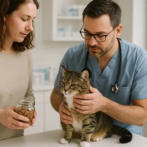 Vet checking a cat while owner holds homemade cat treats.