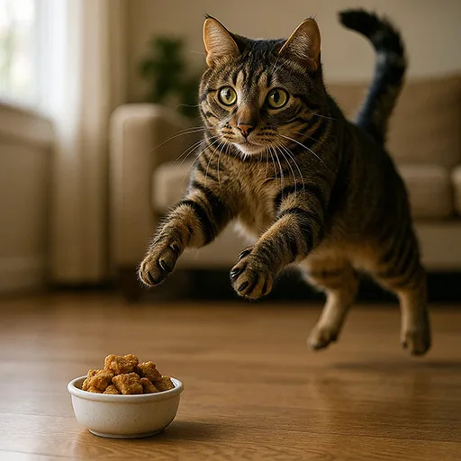 Happy healthy cat playing near a bowl of homemade cat treats.