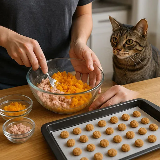 Step-by-step process of making homemade cat treats with cat watching.