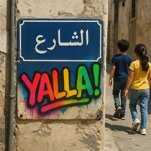 Street art showing the word Yalla in an Arabic setting.