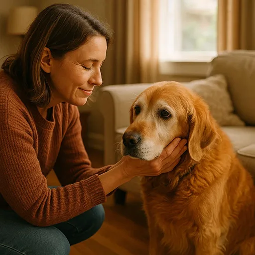 Foster parent meeting a senior golden retriever for the first time in a cozy home.