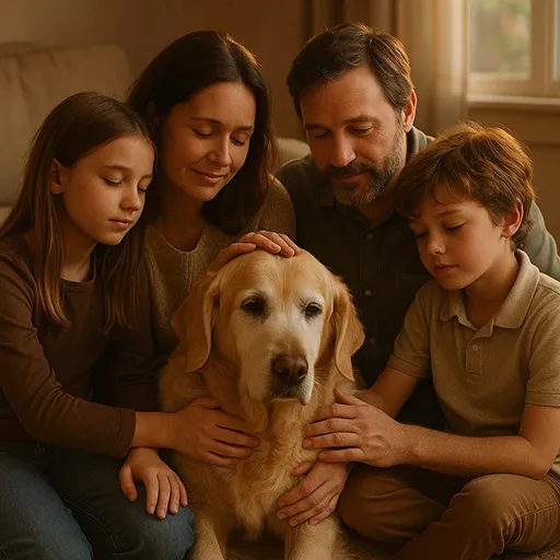 Family gently comforting their senior golden retriever during hospice care at home.