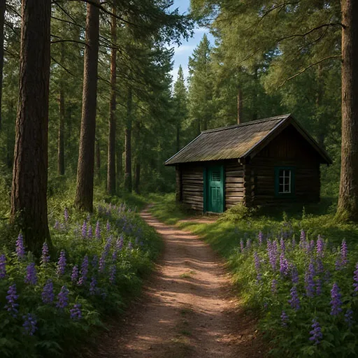 Colorful pine forest path with wildflowers leading to a teal-door cabin at a U.S. retreat center under a clear blue sky