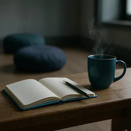 Open turquoise journal and cobalt mug with steam in a bright meditation hall with teal and indigo cushions