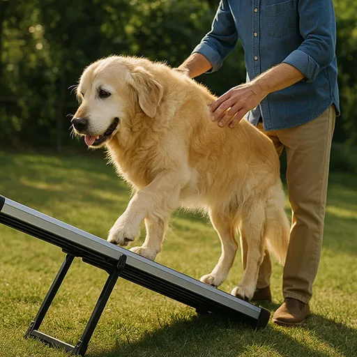 Senior golden retriever walking up a ramp with owner’s guidance, showing safe mobility support.