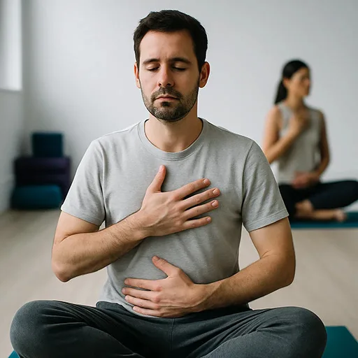 Man seated cross legged on a teal mat with one hand on chest and one on belly in a bright studio.