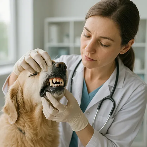 Veterinarian checking the dental health of a senior golden retriever.