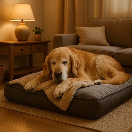 Senior golden retriever lying comfortably on an orthopedic bed in a safe home environment.