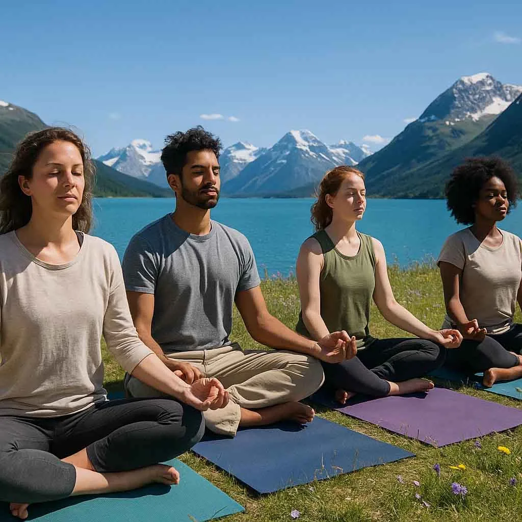 Diverse group meditating on colorful mats by a turquoise lake and bright blue sky with mountains in the distance