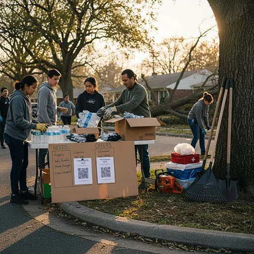 Neighbors coordinating mutual aid at a curbside table with a needs-and-offers board and volunteer supplies.