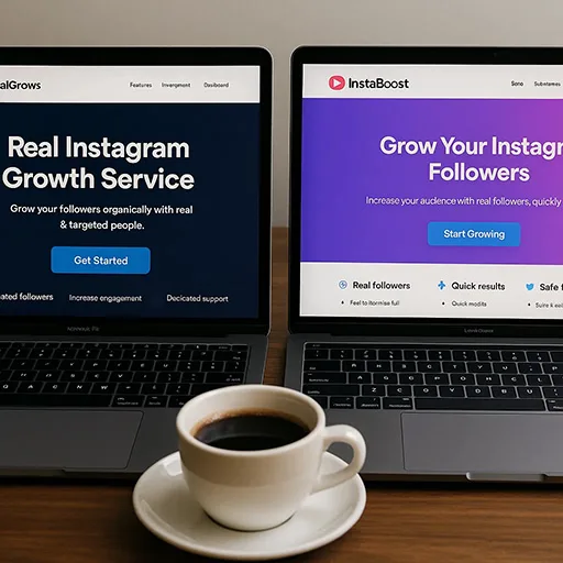 Side-by-side comparison of two Instagram growth service websites.