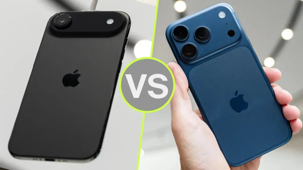 Side-by-side comparison of Apple iPhone 17 Air and iPhone 17 Pro Max models, highlighting design and camera differences.