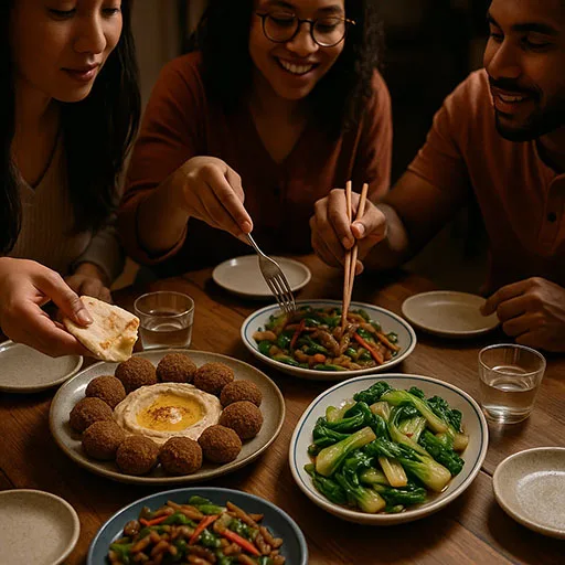 Fusion meal combining Middle Eastern and Chinese dishes.