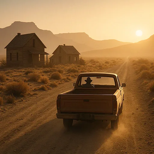 Lone traveler on a dusty West Texas road with abandoned houses in the distance, symbolizing the start of a ghost town adventure.