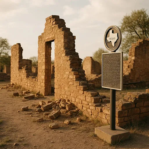 Traveler walking through crumbling brick ruins in a Texas ghost town, showing hidden history and forgotten corners.