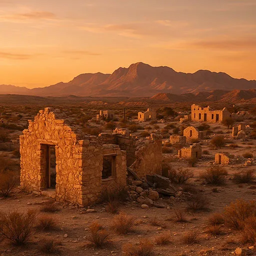 Scenic view of Terlingua ghost town with desert ruins and Big Bend mountains glowing under a Texas sunset.