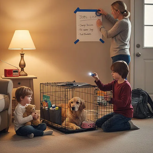 Kids and a family dog preparing a go-kit in a safe room, following a simple jobs list after a storm.
