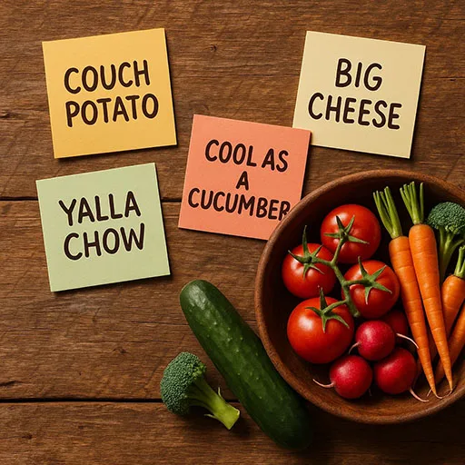 Sticky notes with slang food metaphors and fresh vegetables.
