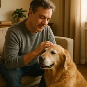 Man fostering a senior dog at home, showing love and learning important senior pet care lessons.
