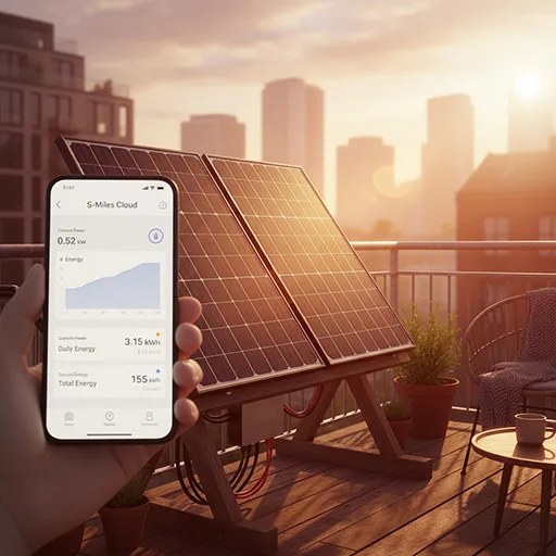 S-Miles Cloud app showing live per-panel solar performance data from HMS Photovoltaik.