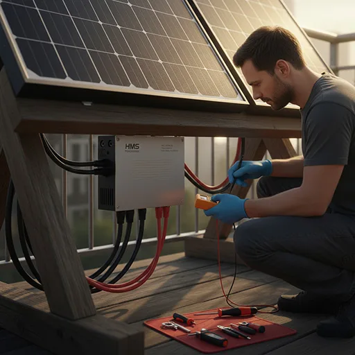 Electrician ensuring HMS Photovoltaik installation meets global safety and grid standards.