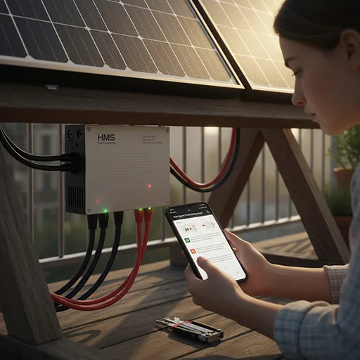 User troubleshooting HMS Photovoltaik microinverter and checking S-Miles Cloud app for errors.