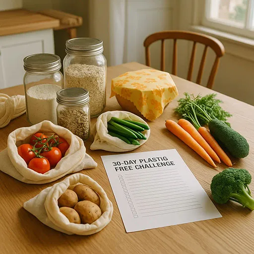 Preparing for a 30-day plastic-free living challenge with reusable jars, cloth bags, and a mindful shopping checklist.