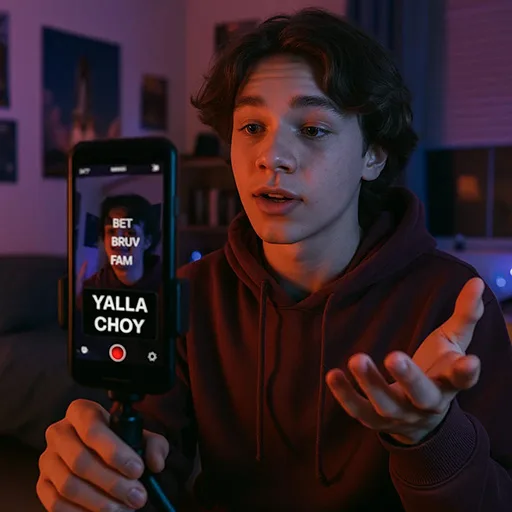 Teen making a TikTok video with slang captions.