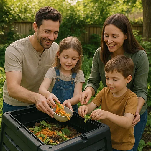 How to Compost at Home for American Families American family composting food scraps in a backyard garden as part of a zero waste lifestyle