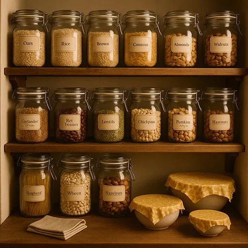 Plastic-free kitchen pantry with glass jars, beeswax wraps, and bulk food storage.